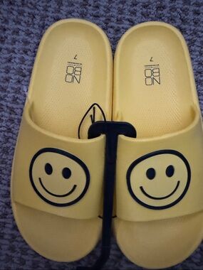 NOBO Yellow Smiley Face Slide Sandals.  Be happy!